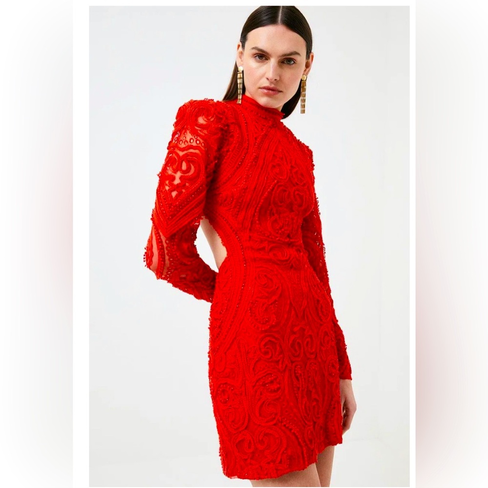 Karen Millen Red Embellished Open-Back Mini Dress - Size 6